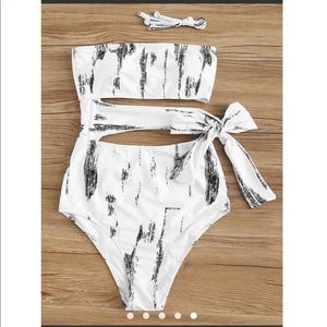 Black and white one piece bandeau bathing suit